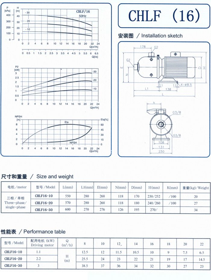 CHLF輕型立式不銹鋼多級離心泵安裝圖、尺寸、性能