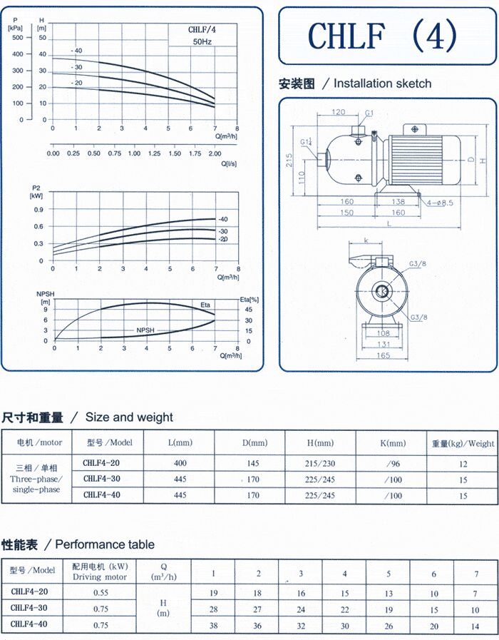 CHLF輕型立式不銹鋼多級離心泵安裝圖、尺寸、性能